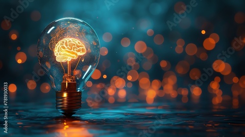 Bright Ideas Light Bulb with Brain Pattern Design Signifying Creative Thinking and Innovation, Against a Plain Blue Background