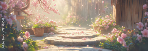 A stone platform surrounded by pink flowers, bathed in sunlight with a blurred background. 