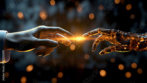 AI technology concept Robotic hand reaching out towards human hand against dark backdrop with particles suggesting digital connection