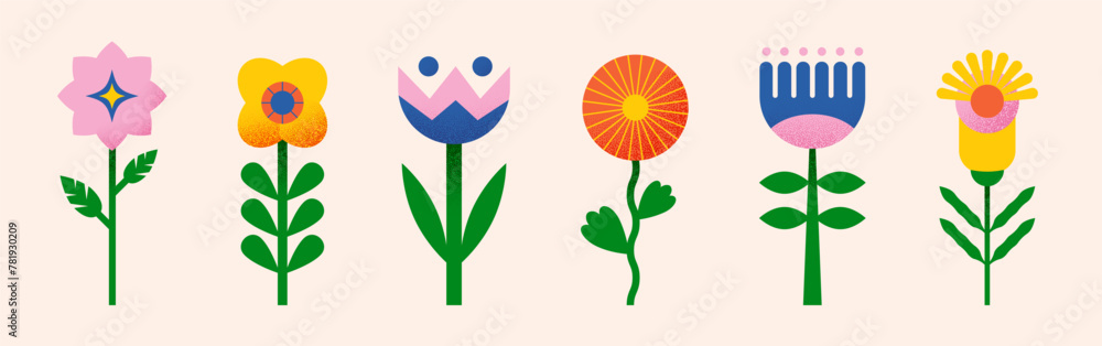 Fototapeta premium Geometric flower set. Modern trendy spring and summer nature elements collection