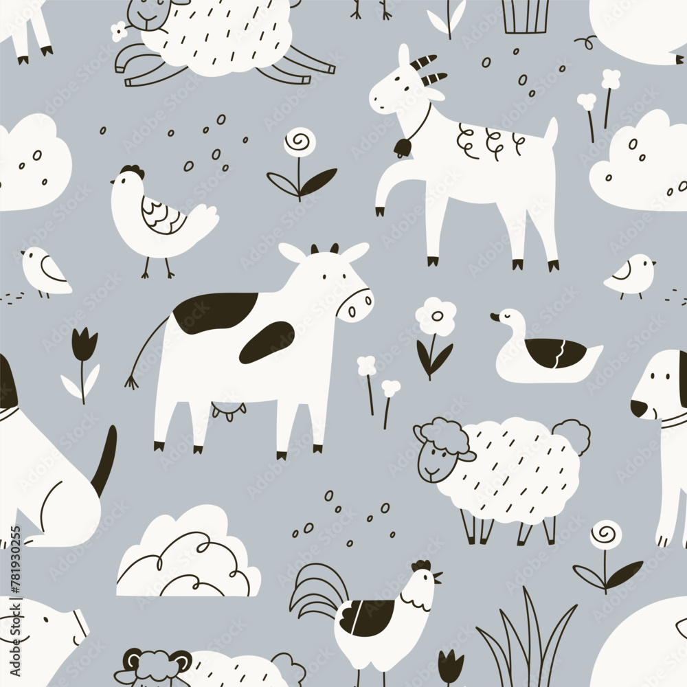 Farm animals, seamless pattern design in Scandinavian doodle style. Black and white kids background, countryside, country nature with cute chicken, cow, goat, sheep and dog. Flat vector illustration - obrazy, fototapety, plakaty 