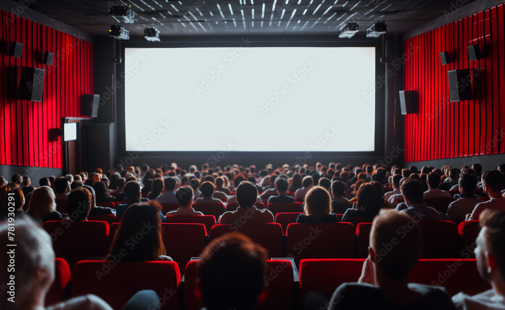 People in the cinema hall with empty white screen People in the cinema hall with empty white screen