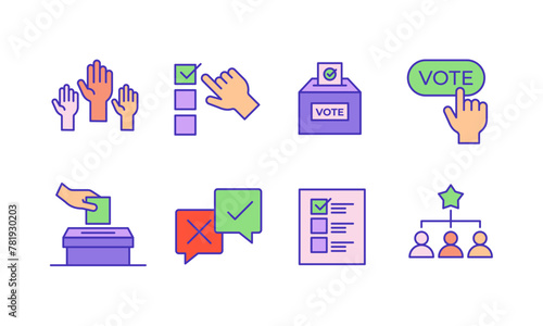 Vote icon set. Voting symbol collection. Election, ballot box, candidate, raising hands and right choice © Marina