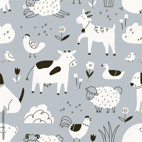 Farm animals, seamless pattern design in Scandinavian doodle style. Black and white kids background, countryside, country nature with cute chicken, cow, goat, sheep and dog. Flat vector illustration