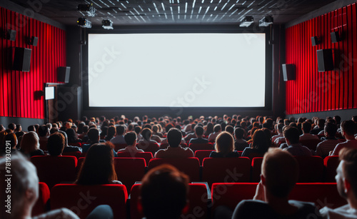 People in the cinema hall with empty white screen