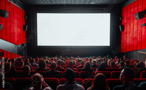 People in the cinema hall with empty white screen