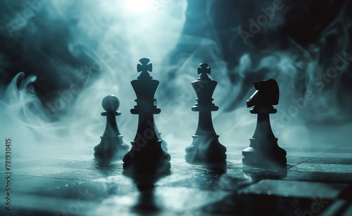 Chess Figures on a Dark Background. Epic Chess Game Illustration.