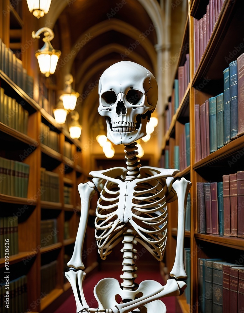A human skeleton model stands amidst library shelves, creating a striking visual metaphor for anatomy education and intellectual discovery.. AI Generation A human skeleton model stands amidst library shelves, creating a striking visual metaphor for anatomy education and intellectual discovery.. AI Generation