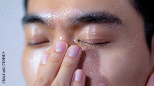 Close-up of Man Touching Face with Focus on Skincare and Expression