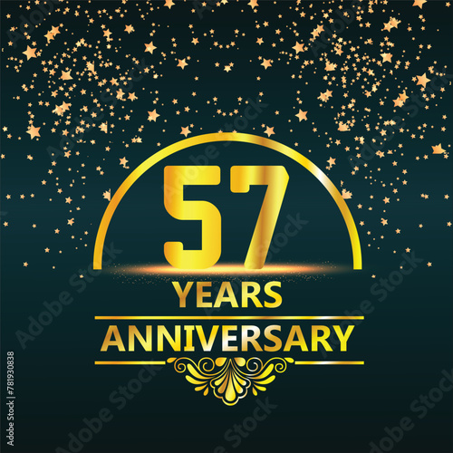 57th Anniversary logo design with golden numbers and red ribbon for anniversary celebration event, invitation, wedding, greeting card, banner, poster, flyer, brochure, book cover. Logo Vector Template