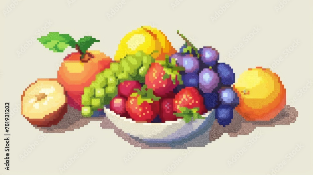 Colorful Pixelated Fruit Bowl Digital Art Illustration