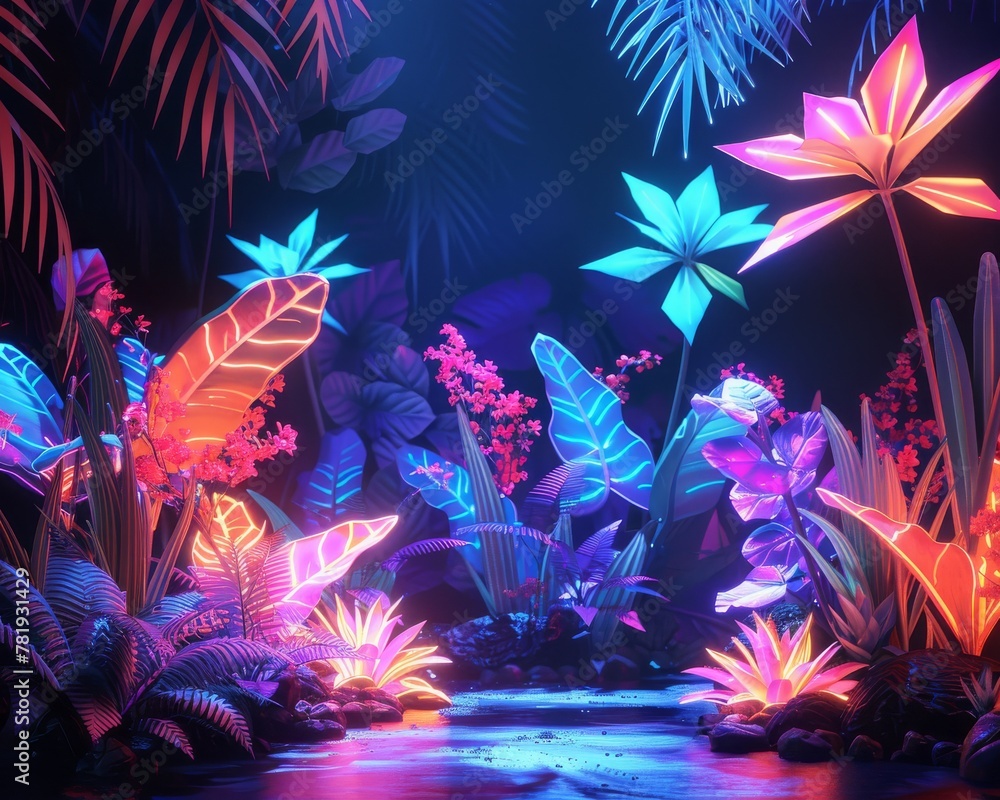 Neon Color Tropical Jungle at Night Illustration Neon Color Tropical Jungle at Night Illustration