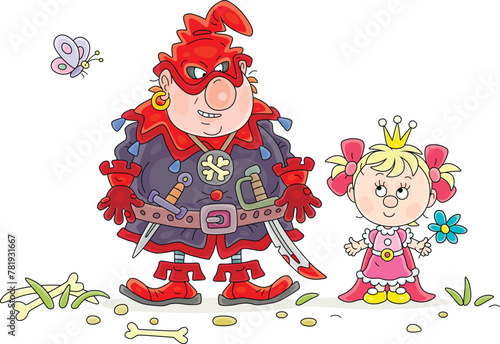 Little princess in a beautiful royal pink dress and a small royal gold crown talking to an angry cruel ogre on a summer lawn with a fluttering butterfly, vector cartoon illustration on white