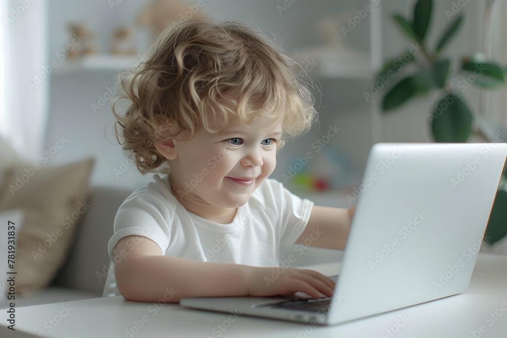 Cute boy is using computer laptop. Child play, education remote. Home distance learning at school through games Cute boy is using computer laptop. Child play, education remote. Home distance learning at school through games