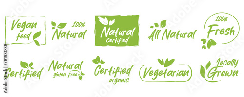 Organic food, natural product stickers, badge and tag for organic, natural products promotion, food market and more.