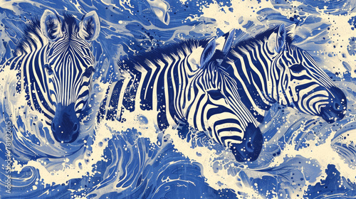 Three zebras are swimming in the ocean. The water is blue and the zebras are white