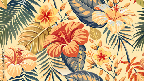 Repeating flower design with colorful blooms and leaves for spring wallpapers and fabrics