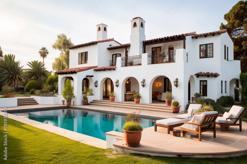 A large, luxurious white Spanish-style home with a swimming pool, elegant landscaping, and upscale outdoor furnishings.