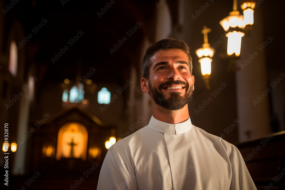 A priest in a church, smiling peacefully, embodying a sense of joy and spirituality. A priest in a church, smiling peacefully, embodying a sense of joy and spirituality.
