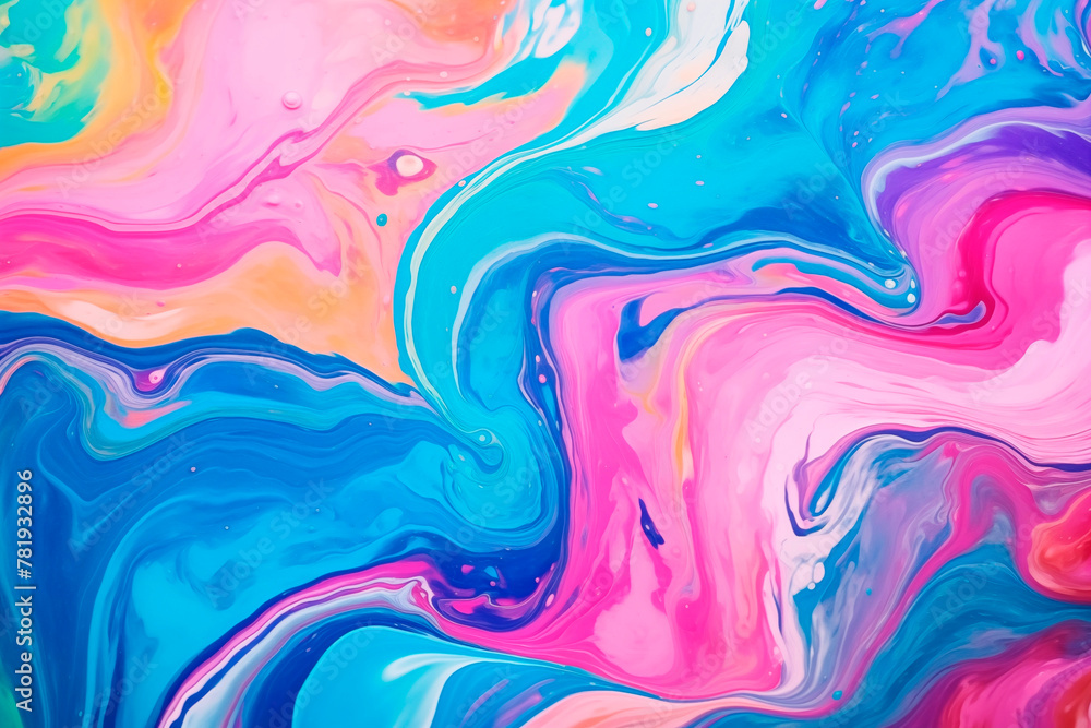 A vivid abstract of marbled liquid art with swirling patterns of blue, pink, and turquoise, showcasing dynamic and fluid artistic expression.