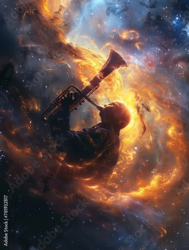 Bagpipes, inflating with the gas of nebulae, playing creates a visual symphony of swirling galaxies, against a cosmic backdrop, clear and majestic