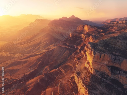 Canyon with a smiling face in the rock formations, vibrant sunset casting warm hues, a grand view that speaks to the ageless majesty of natural erosion