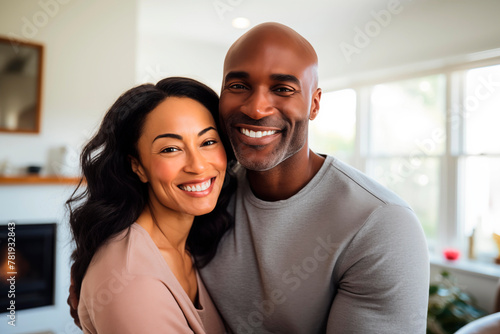 A smiling, diverse couple embracing warmly at home, radiating love and comfort in a cozy setting.