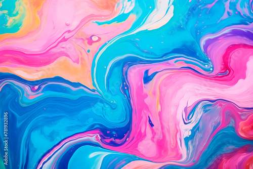 A vivid abstract of marbled liquid art with swirling patterns of blue, pink, and turquoise, showcasing dynamic and fluid artistic expression.