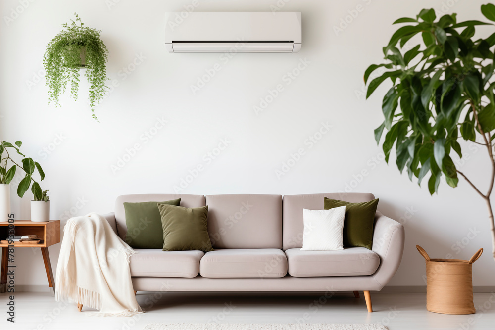 A modern and stylish living room with an air conditioner, featuring minimalist decor and a view of greenery outside.