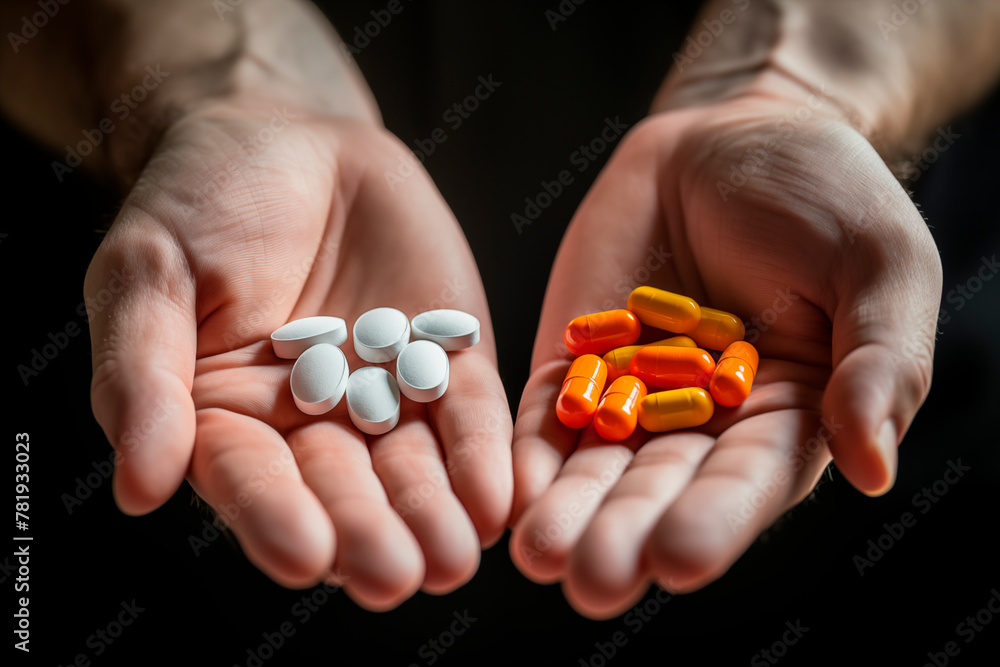 Close-up of a man's hands holding two white capsules, illustrating a medical or healthcare scenario, emphasizing treatment and medication. Close-up of a man's hands holding two white capsules, illustrating a medical or healthcare scenario, emphasizing treatment and medication.