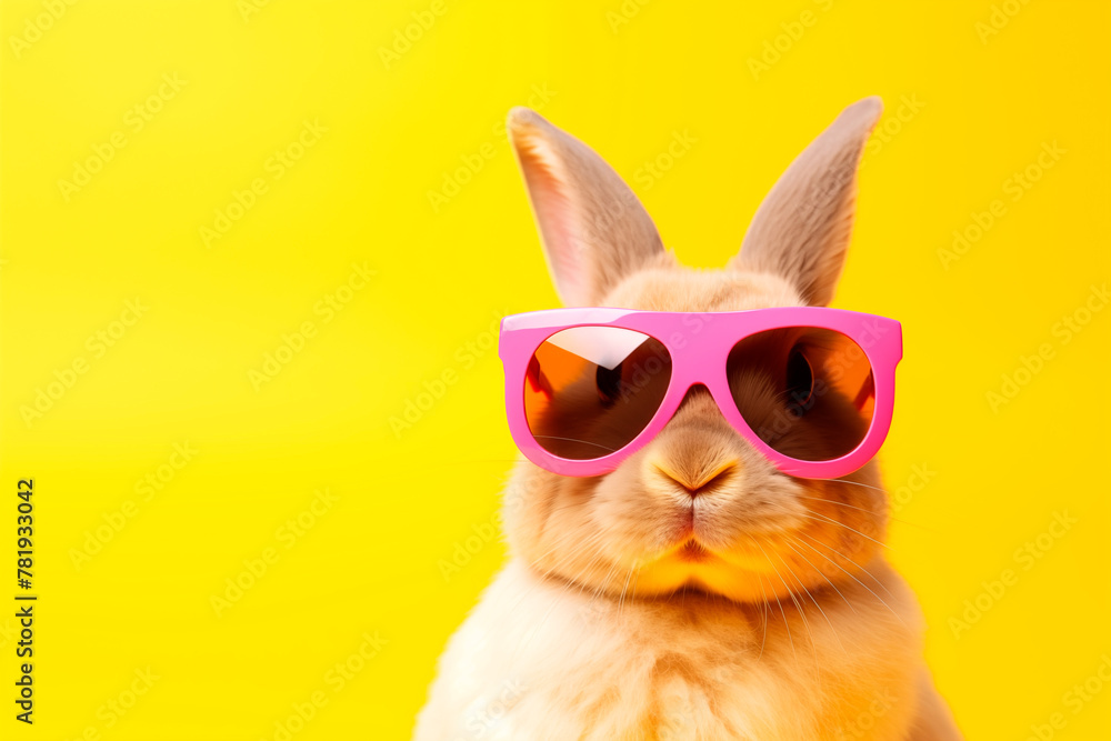A humorous image of a rabbit wearing pink sunglasses against a bright yellow background.