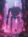 Mechanical golem patrolling the remains of a futuristic cityscape, under the harsh light of a neon sky
