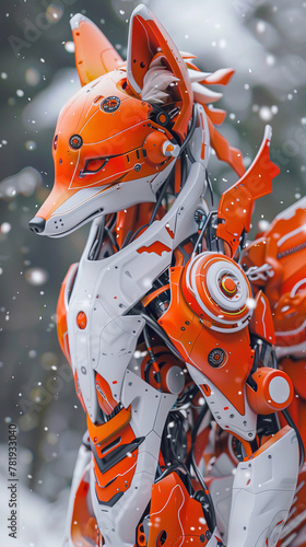 Mechanical fox, midleap, closeup, fiery orange and white, against a snowy backdrop, agile and vibrant