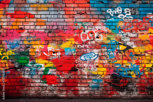 A colorful graffiti-covered brick wall, showcasing vibrant street art and urban creativity.