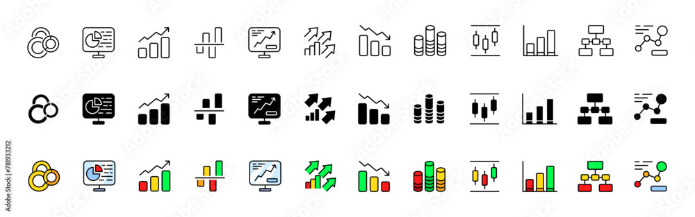 Graph icon collection. Chart set. Linear, silhouette and flat style. Vector icons Graph icon collection. Chart set. Linear, silhouette and flat style. Vector icons