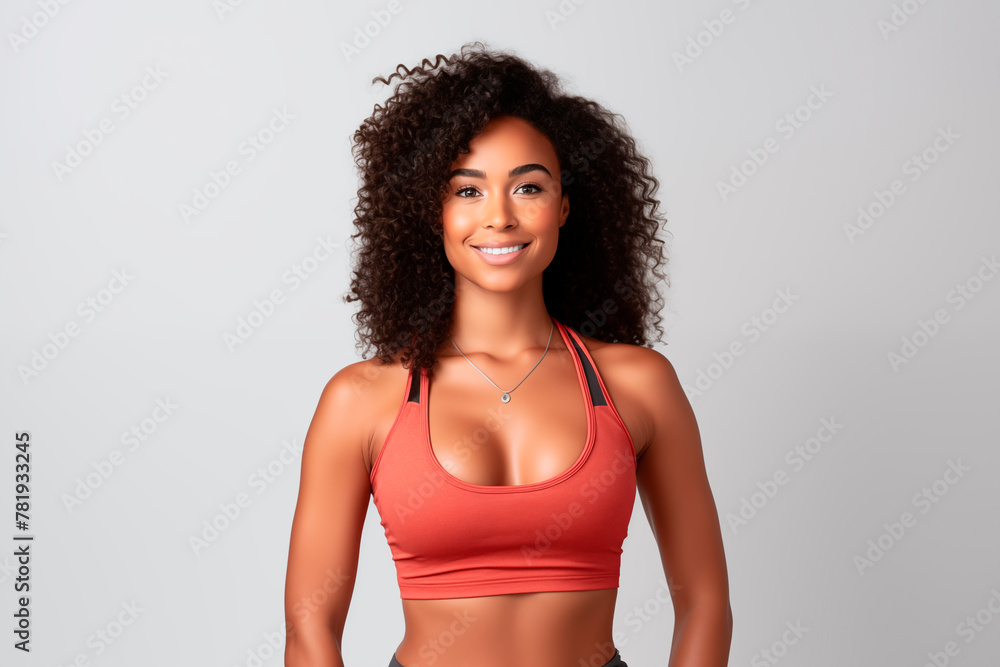 Fototapeta premium A smiling, confident woman in athletic sportswear, portraying health and fitness motivation.