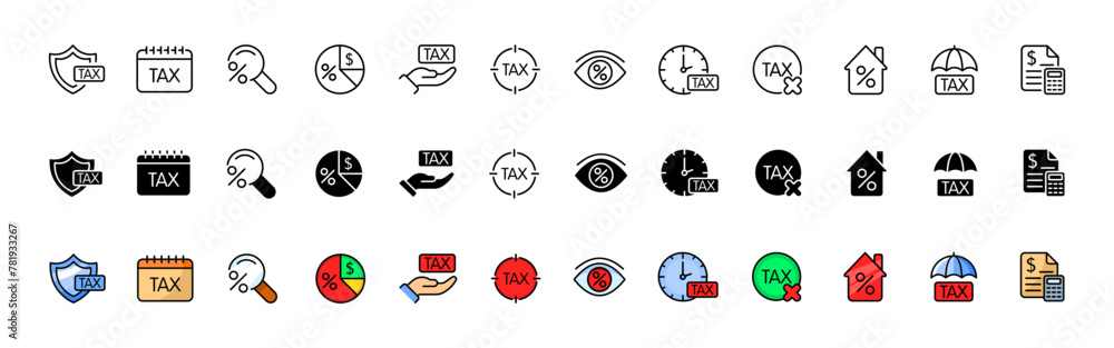 Tax icon collection. Price icons. Linear, silhouette and flat style. Vector icons