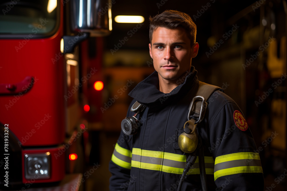A confident firefighter in uniform stands in front of a firetruck, symbolizing readiness and bravery. His helmet and gear underscore his dedication to safety and emergency response.
A confident firefighter in uniform stands in front of a firetruck, symbolizing readiness and bravery. His helmet and gear underscore his dedication to safety and emergency response.