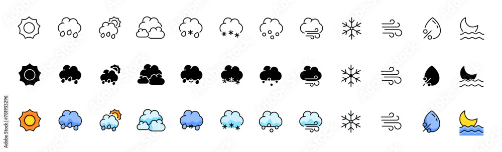 Weather icon collection. Weather set. Linear, silhouette and flat style. Vector icons Weather icon collection. Weather set. Linear, silhouette and flat style. Vector icons