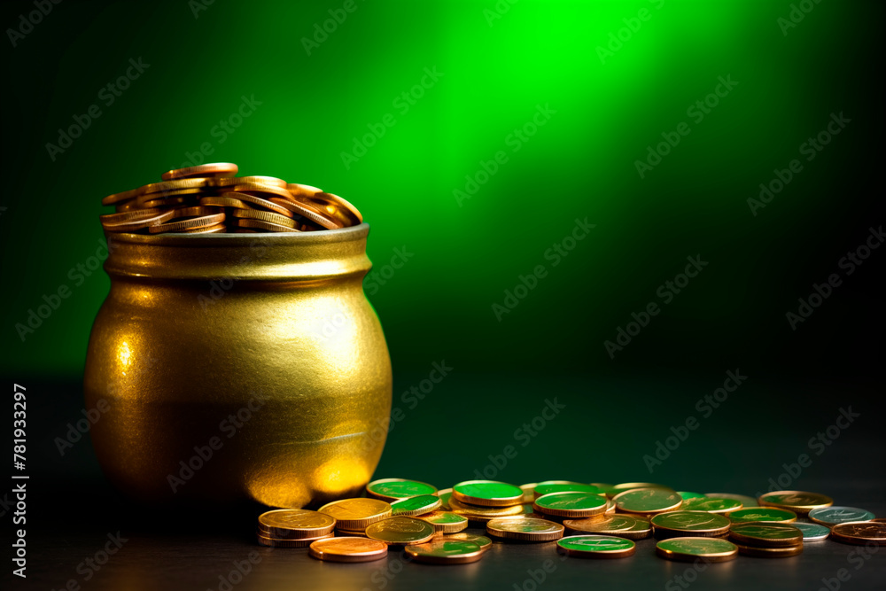A golden pot brimming with coins, symbolic of wealth and folklore. A golden pot brimming with coins, symbolic of wealth and folklore.