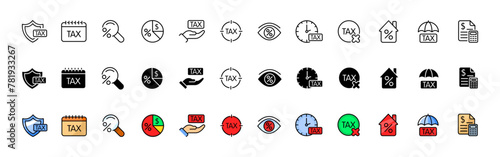 Tax icon collection. Price icons. Linear, silhouette and flat style. Vector icons