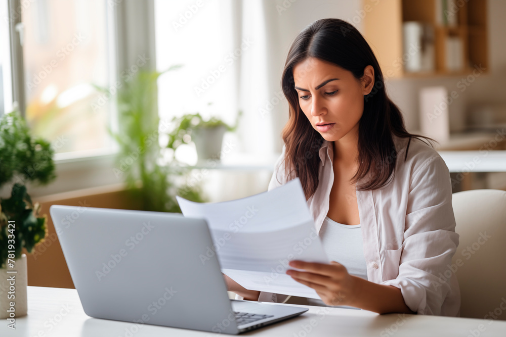 A focused woman looking worried while handling papers and using a laptop at home, depicting a scene of work-related stress. A focused woman looking worried while handling papers and using a laptop at home, depicting a scene of work-related stress.