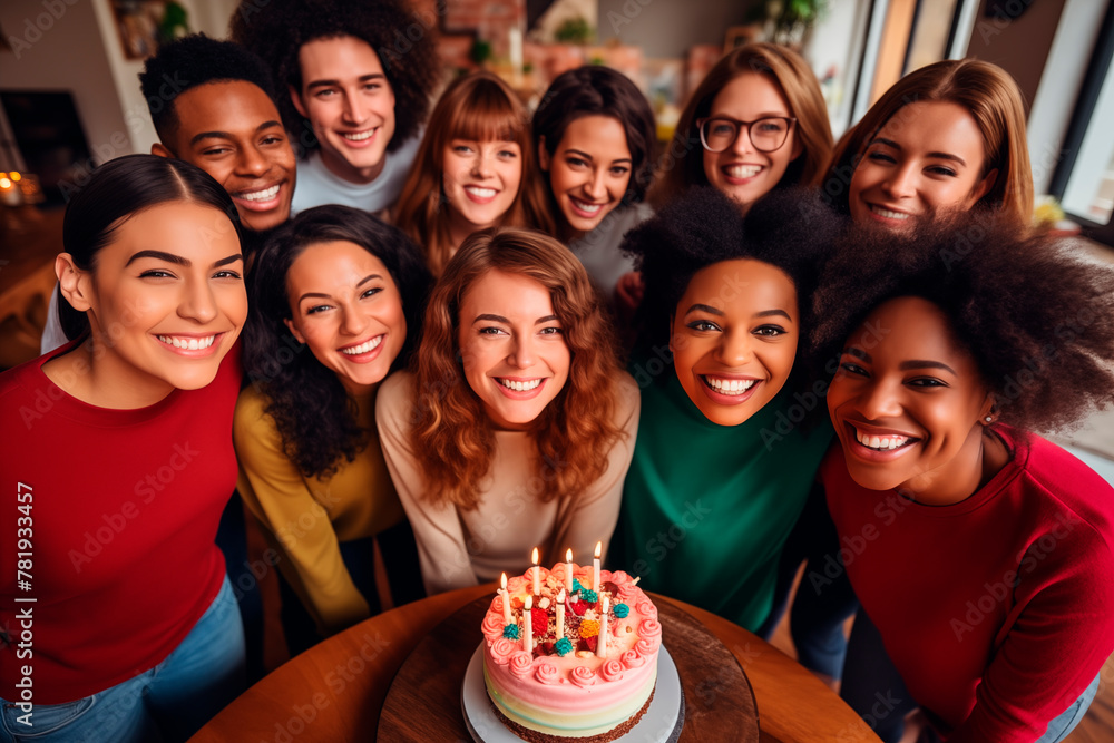 Fototapeta premium A diverse group of friends celebrating a birthday with a cake and candles.