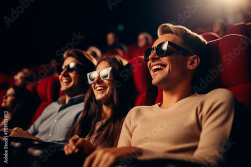 A group of young adults enjoying a 3D movie in a cinema, laughing together.