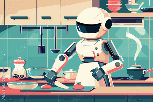 Robot cooking food at home, helper chef on kitchen future. Artificial intelligence technology robot cook, future lifestyle. Vector cartoon illustration