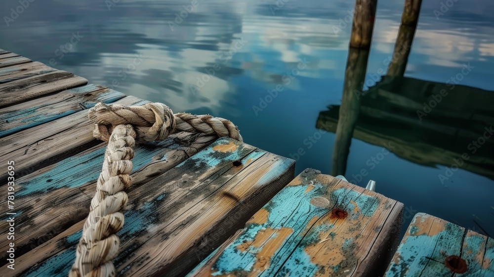 Obraz premium A dock with a rope tied to it and a rope tied to the other side of the dock