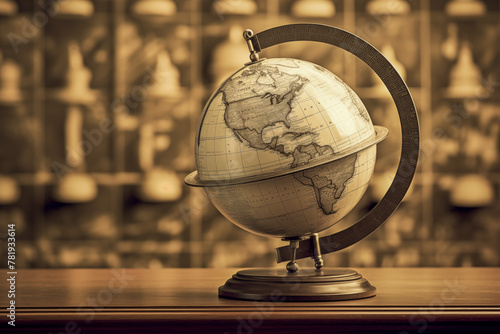 old retro globe with a map in the background  monochrome