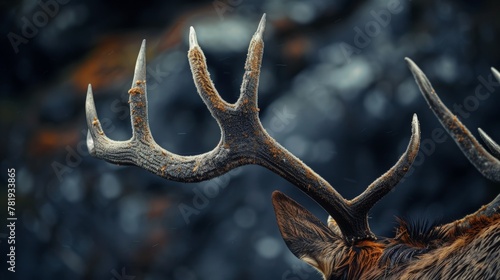 A close-up of a majestic elks antlers, velvet shedding to reveal their sharp points