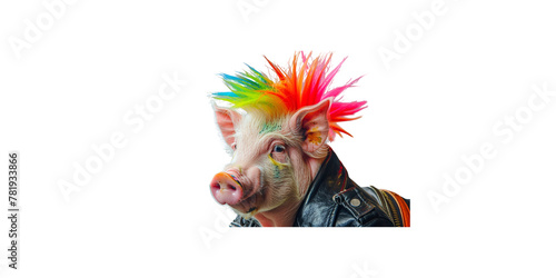  pig with colorful rainbow mohawk hair wearing black leather jacket isolated on white background photo