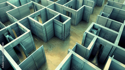 A maze-like office floor made of cubicles, with a single employee finding their way through the labyrinth